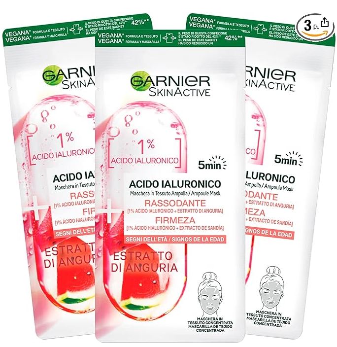 3x Garnier SkinActive Acido Ialuronico Maschera Viso Estratto Anguria Anti Età Make-Up 4125