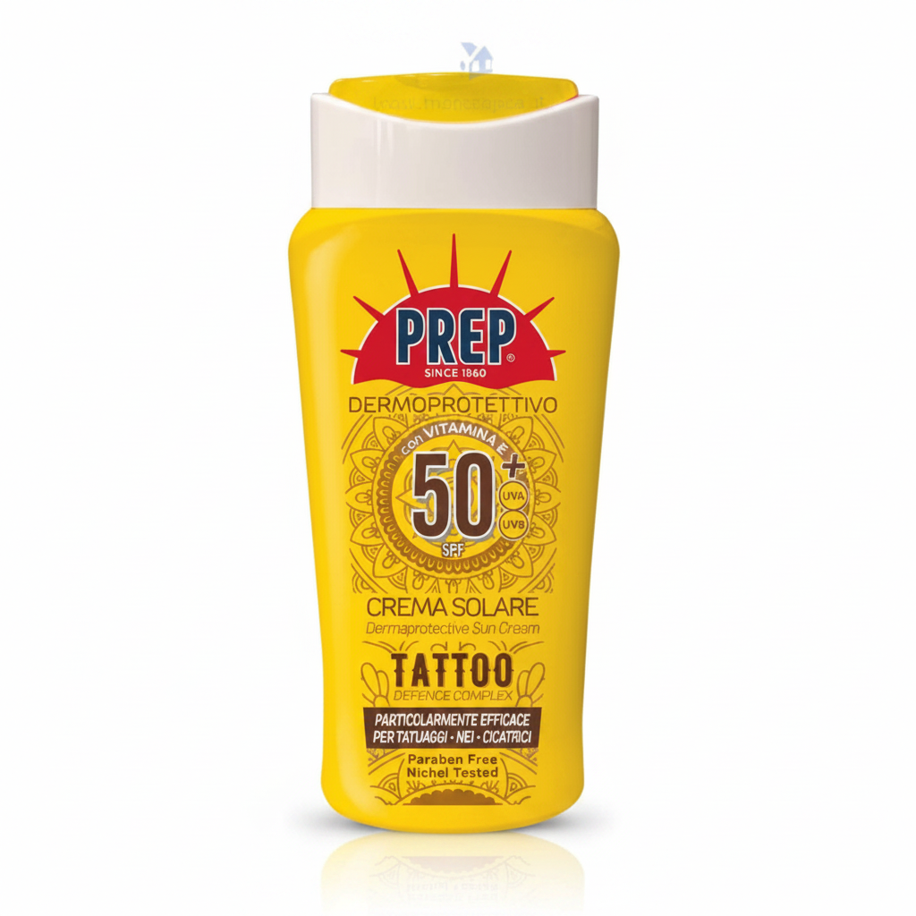 PREP Dermoprotettivo Crema Solare SPF 50+ Tattoo Defence Complex su sfondo bianco