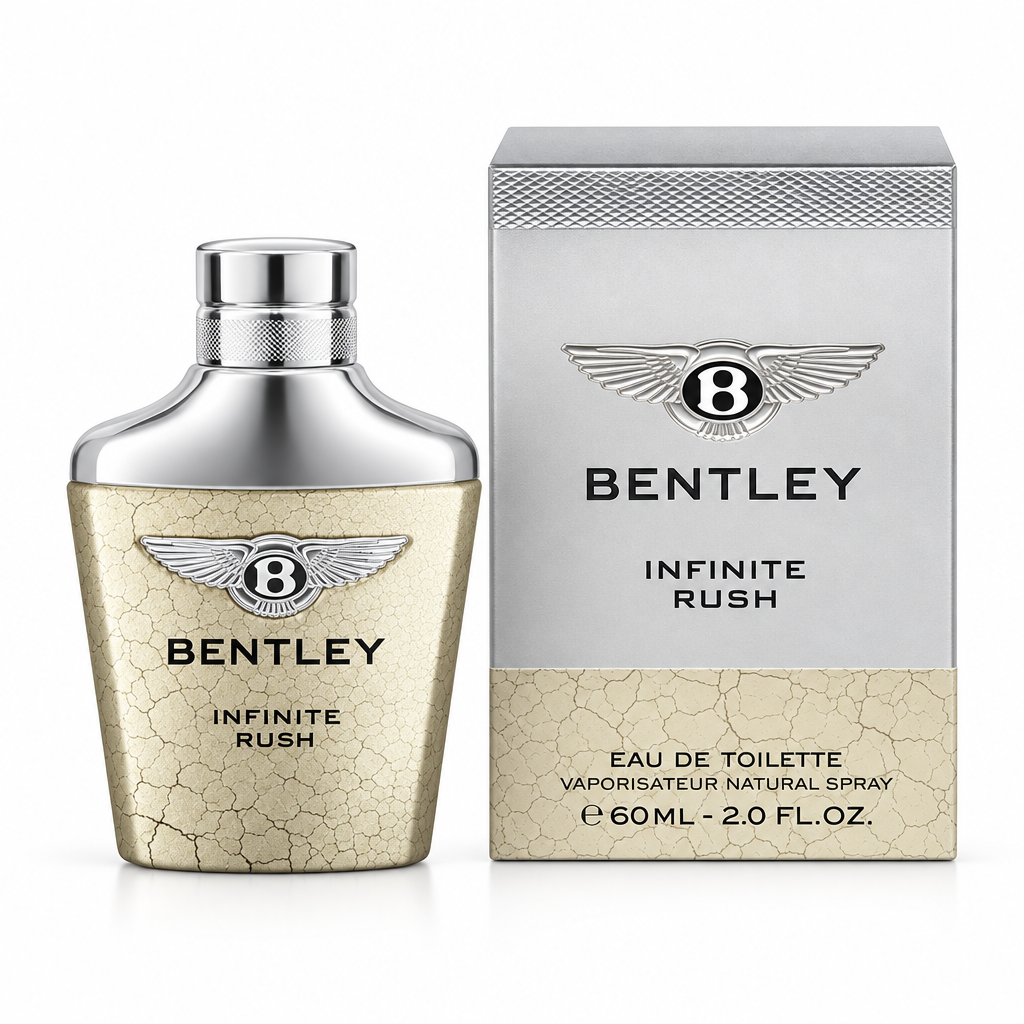 Flacone argentato e scatola Bentley Infinite Rush Eau de Toilette 60 ml su sfondo bianco