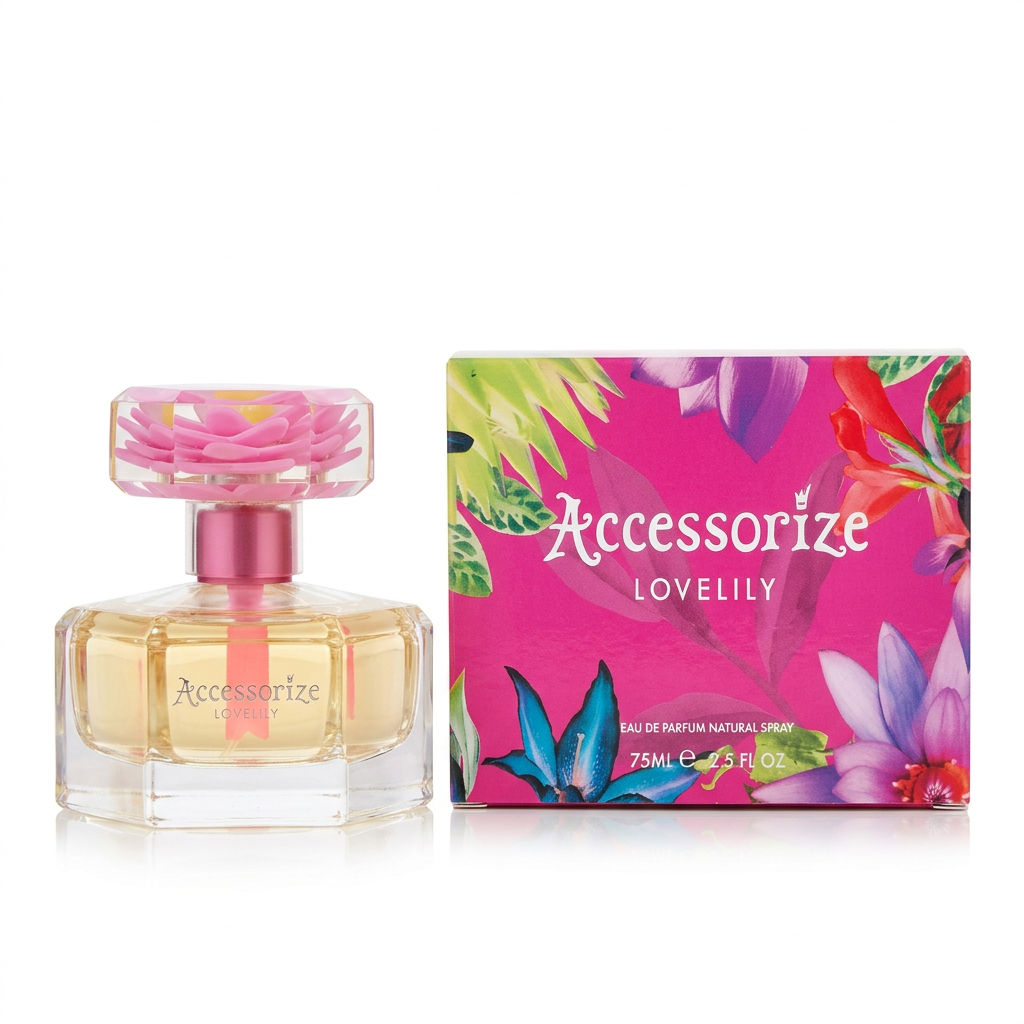 Flacone con tappo floreale e confezione rosa Accessorize Lovelily Eau de Parfum 75 ml su sfondo bianco