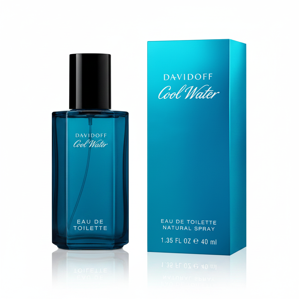 Davidoff Cool Water Eau de Toilette 40ml - flacone blu e confezione turchese su sfondo bianco