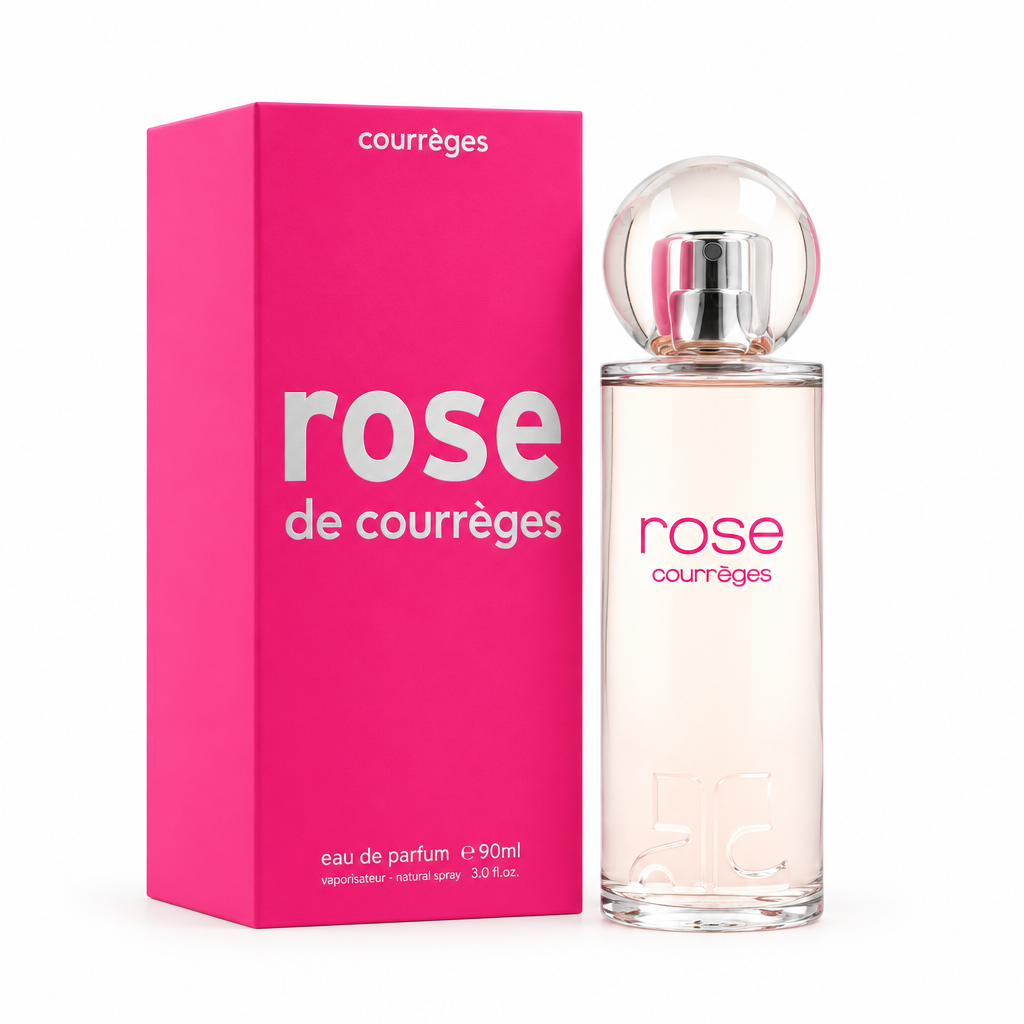 Flacone trasparente e scatola rosa di Rose de Courrèges Eau de Parfum 90 ml su sfondo bianco