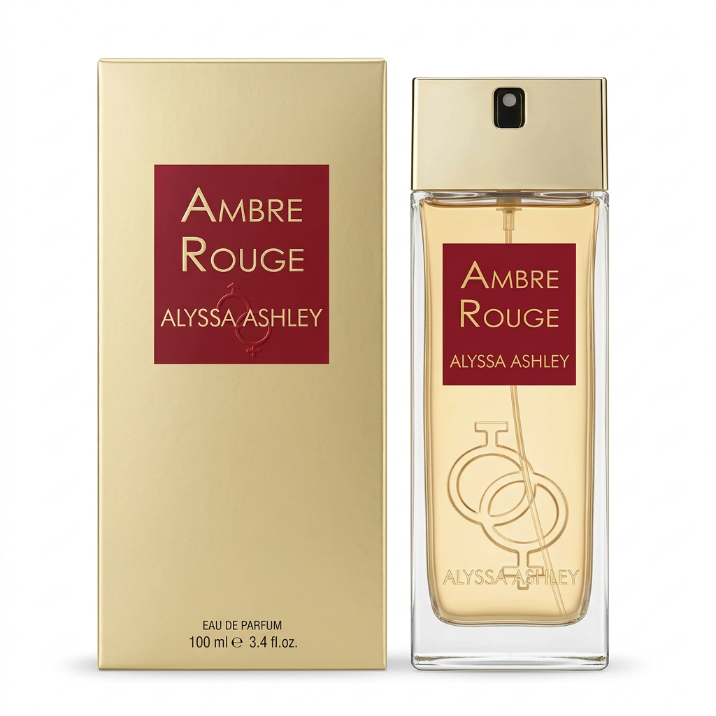 Alyssa Ashley Ambre Rouge Eau de Parfum 100 ml, flacone trasparente con tappo dorato e confezione su sfondo bianco