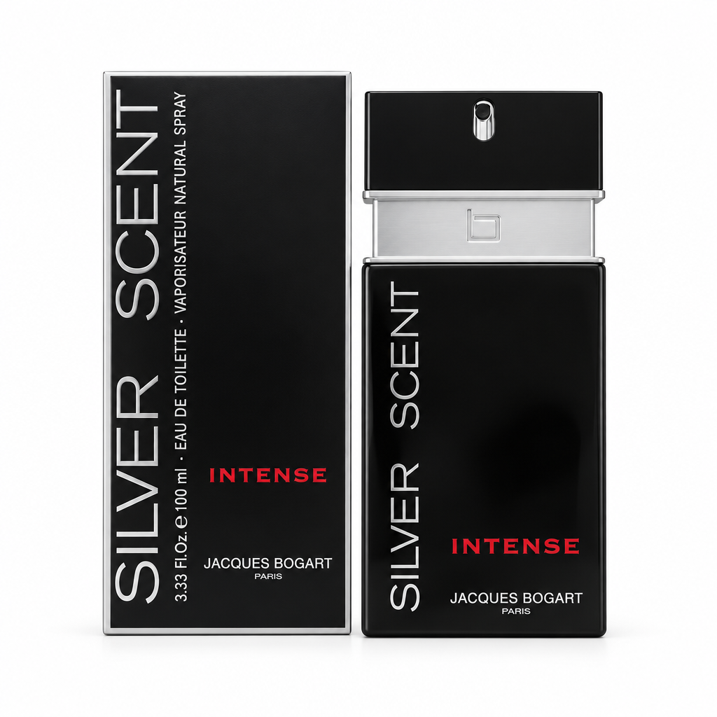 Confezione e flacone Jacques Bogart Silver Scent Intense Eau de Toilette 100 ml su sfondo bianco