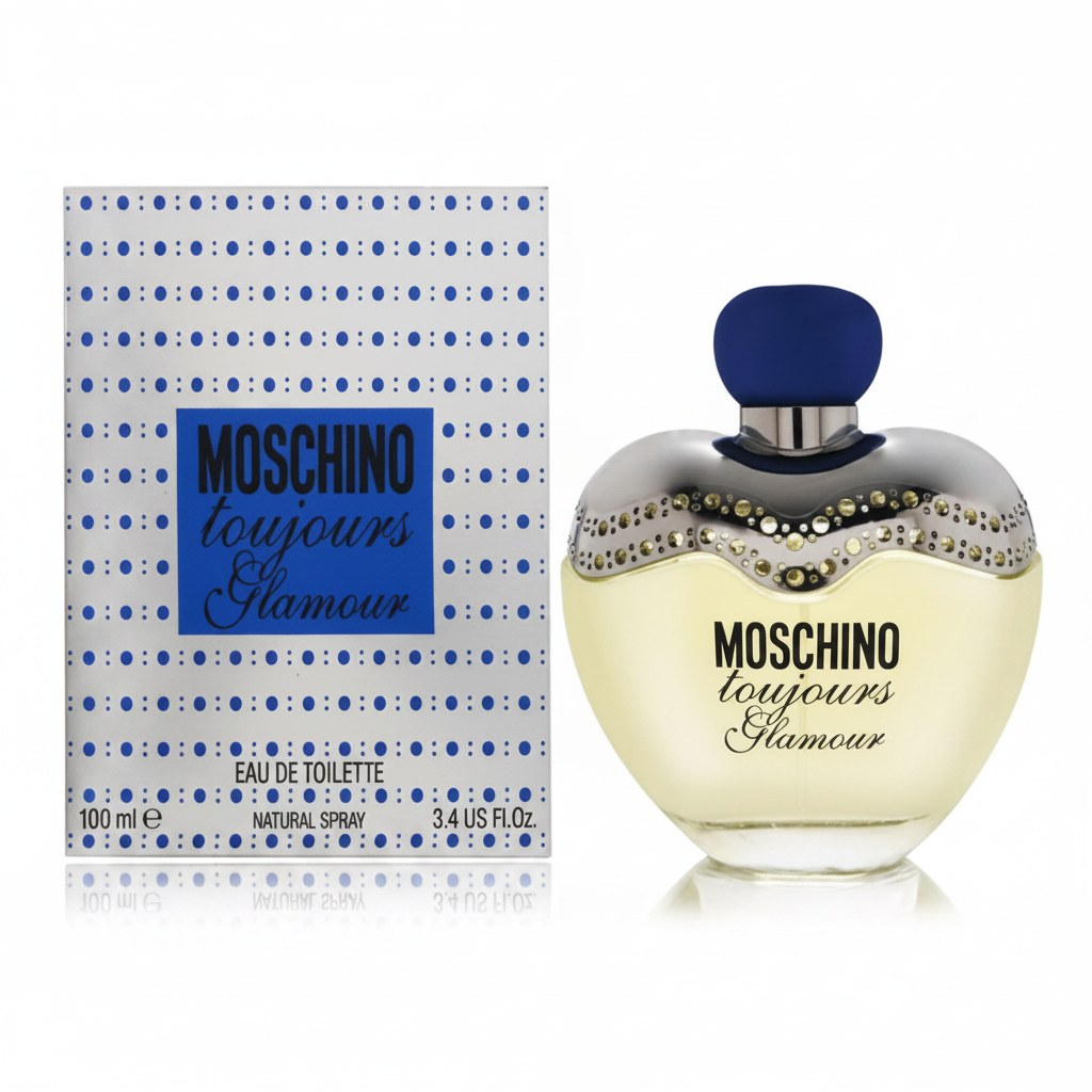 Moschino Toujours Glamour Eau de Toilette 100ml - flacone a cuore con strass e tappo blu, confezione a pois su sfondo bianco