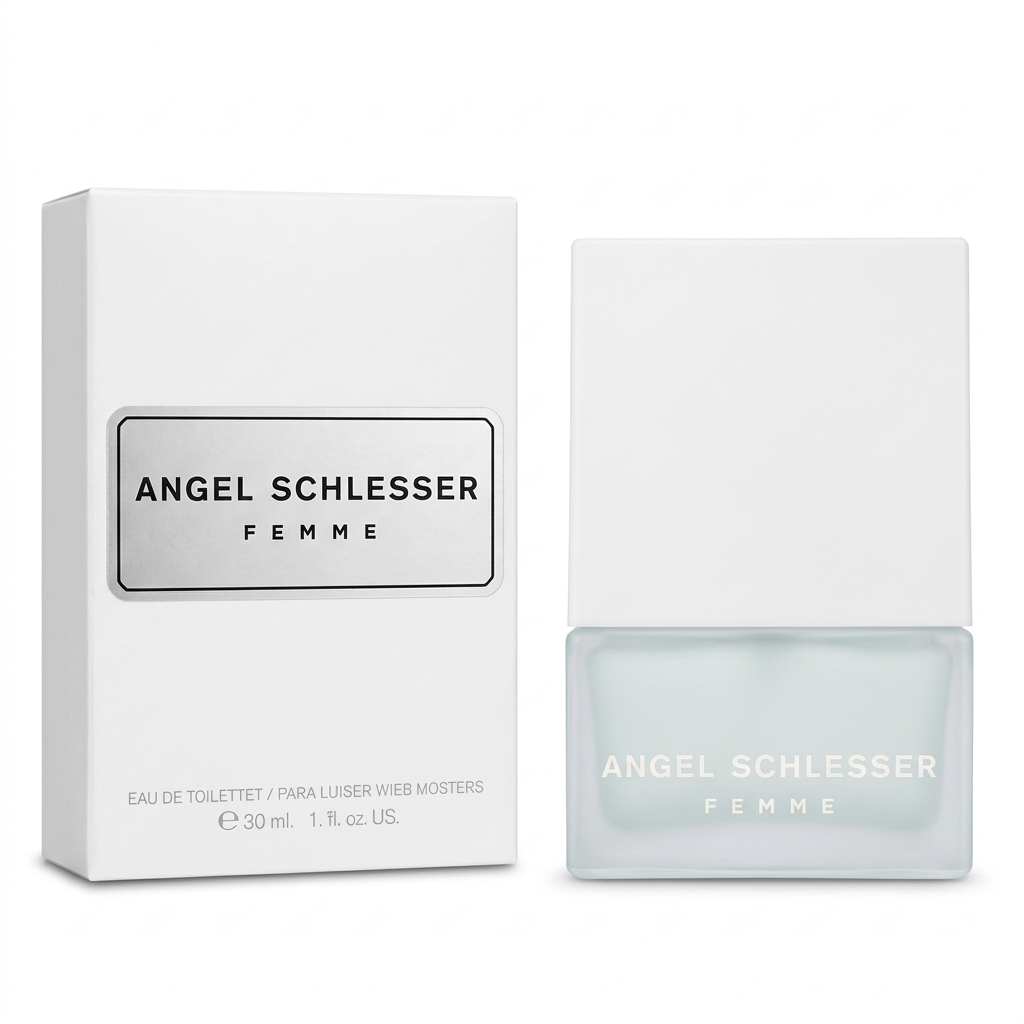 Angel Schlesser Femme, flacone rettangolare bianco con confezione coordinata su sfondo bianco