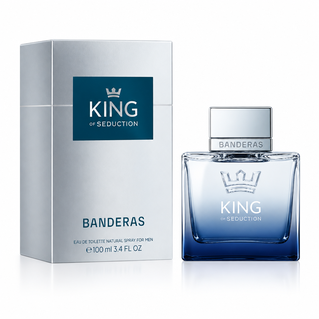Scatola argentata e flacone sfumato blu Banderas King of Seduction Eau de Toilette 100 ml su sfondo bianco
