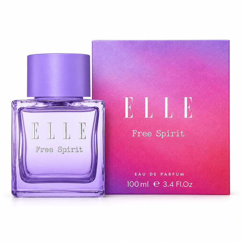 Flacone viola e confezione sfumata rosa e lilla di ELLE Free Spirit Eau de Parfum 100 ml su sfondo bianco
