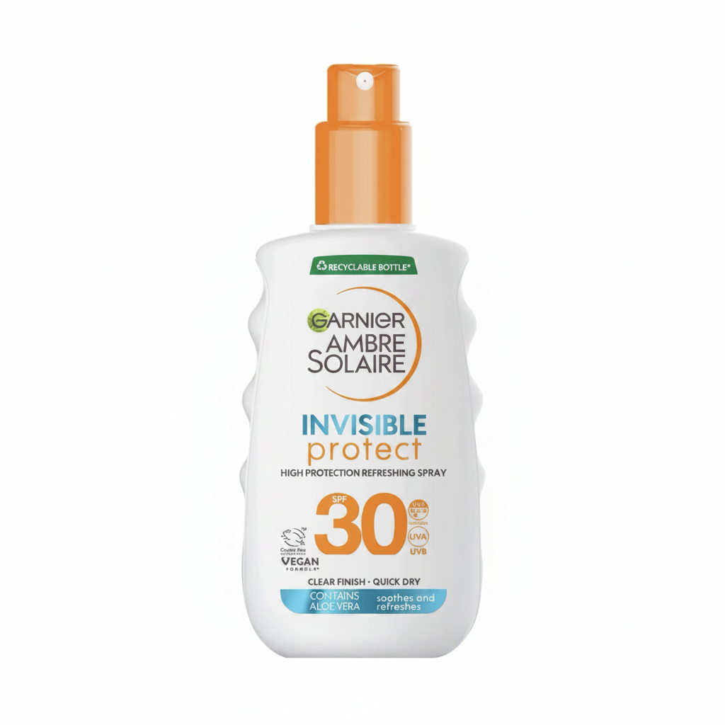 Garnier Ambre Solaire Invisible Protect Spray SPF 30 su sfondo bianco