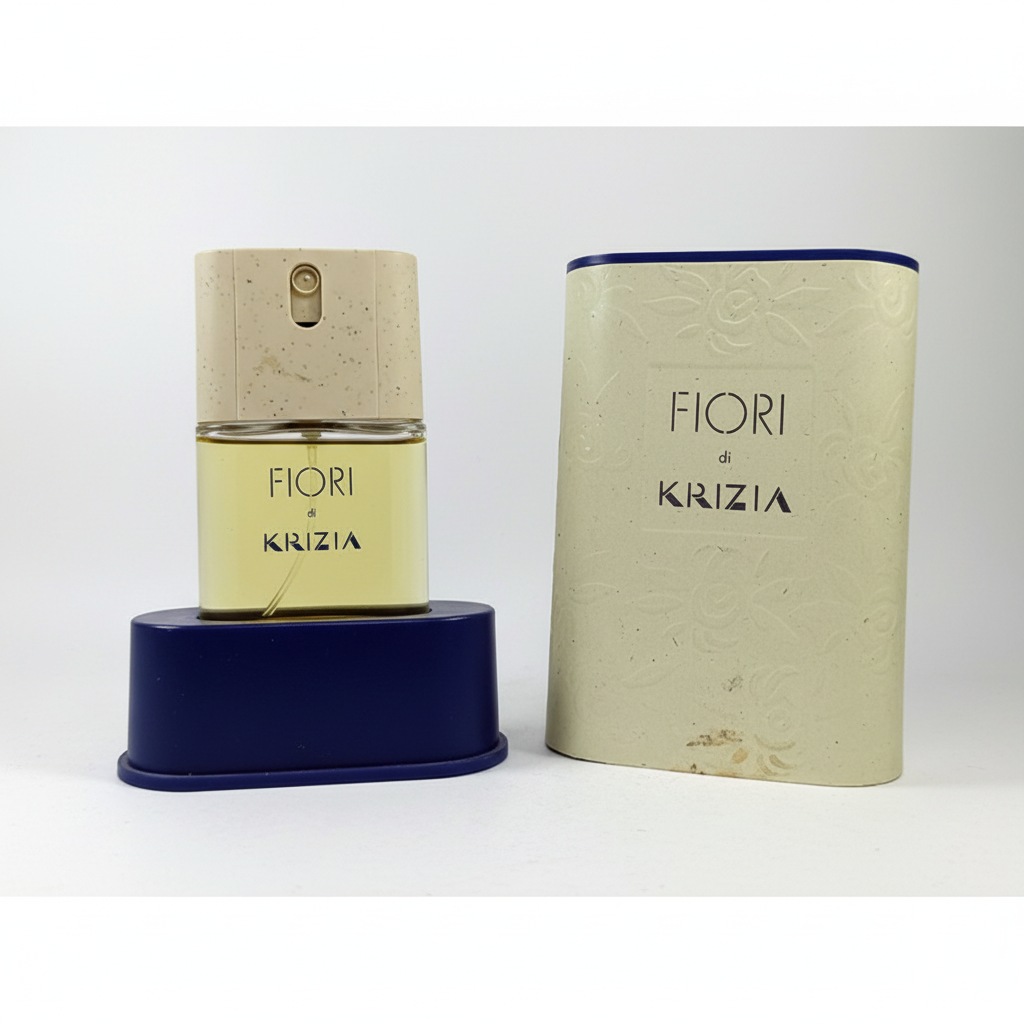 Fiori di Krizia Eau de Toilette 28ml Vintage – flacone con tappo beige granito su base blu e confezione beige floreale
