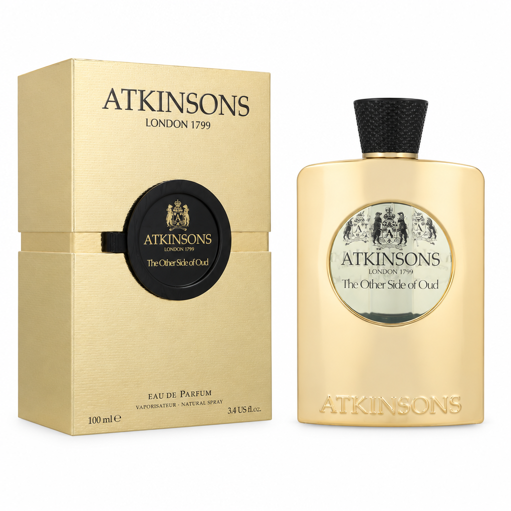 Scatola dorata e flacone color champagne Atkinsons The Other Side of Oud Eau de Parfum 100 ml su sfondo bianco