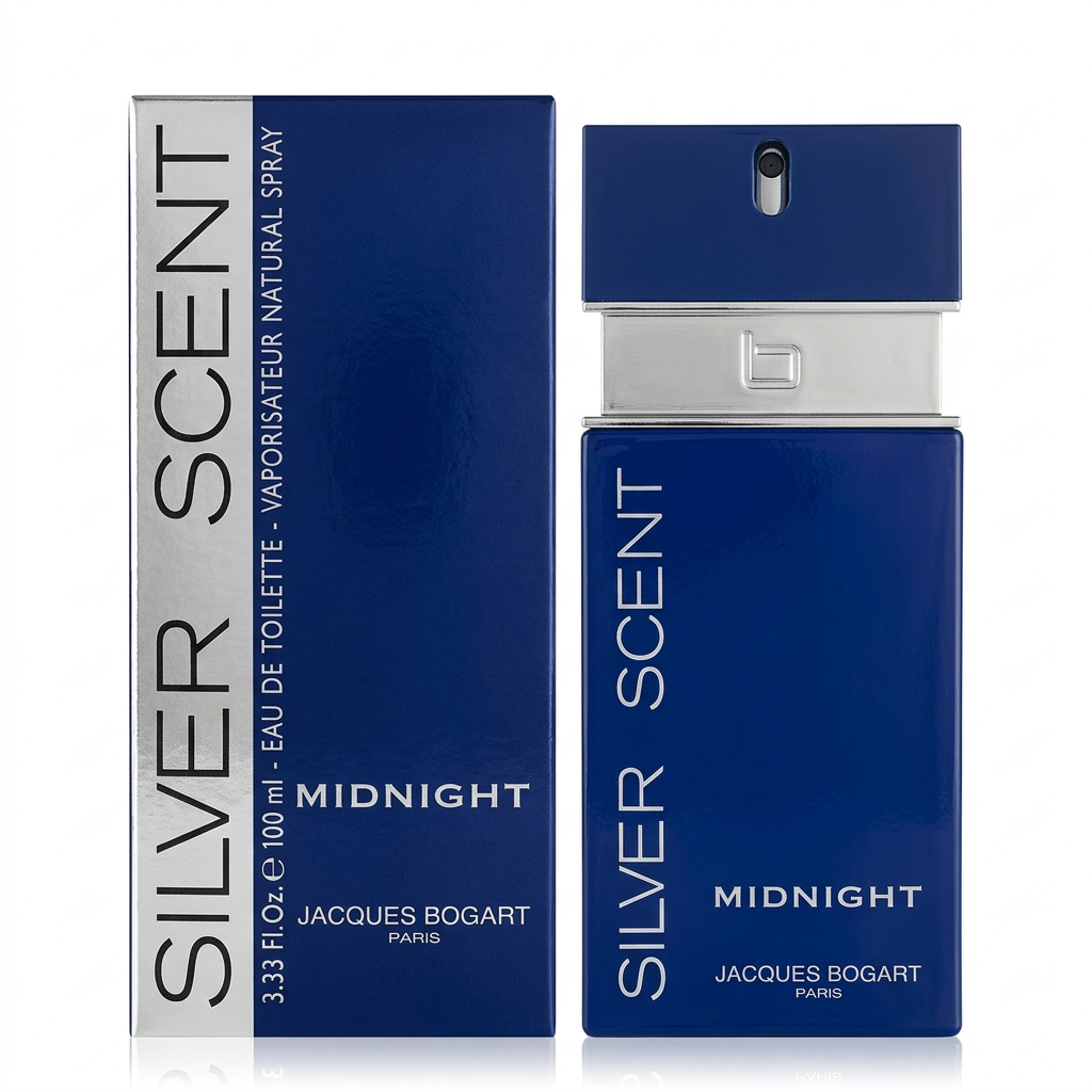 Flacone blu e confezione Jacques Bogart Silver Scent Midnight Eau de Toilette 100 ml su sfondo bianco