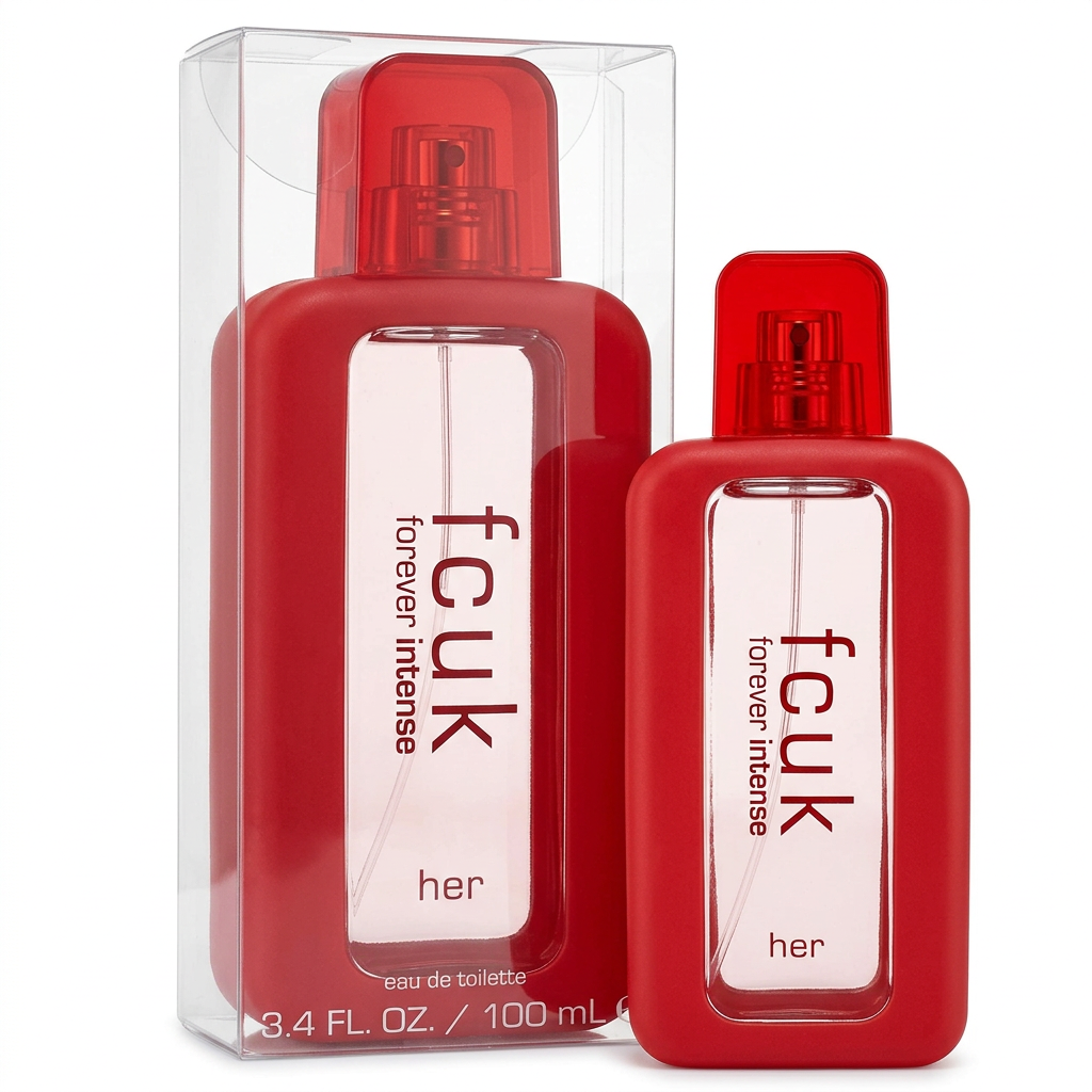 FCUK Forever Intense Her Eau de Toilette 100 ml, flacone rosso e confezione trasparente su sfondo bianco