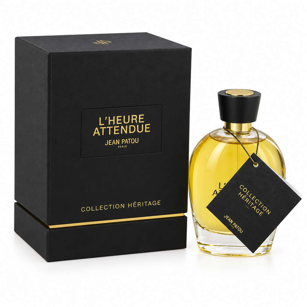 Flacone e confezione Jean Patou L’Heure Attendue Collection Héritage su sfondo bianco
