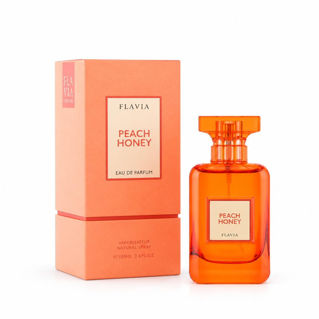 Flacone arancione e confezione color pesca Flavia Peach Honey Eau de Parfum su sfondo bianco