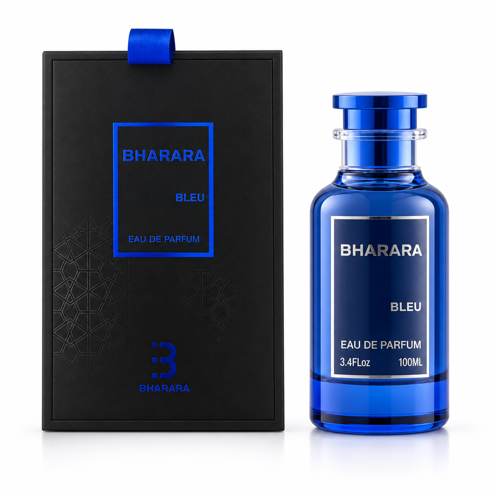 Flacone blu e confezione nera Bharara Bleu Eau de Parfum 100 ml su sfondo bianco