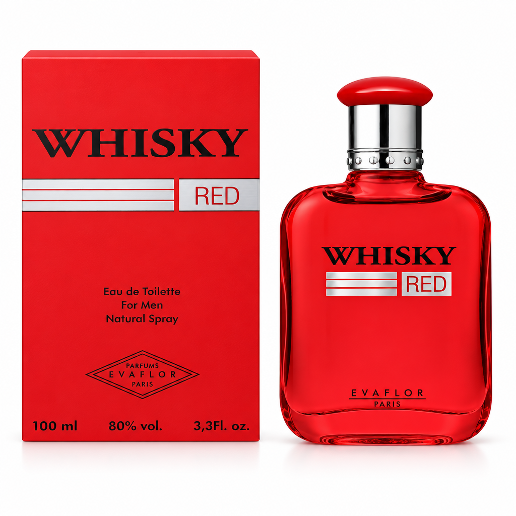 Flacone rosso e confezione Evaflor Whisky Red Eau de Toilette uomo 100 ml su sfondo bianco