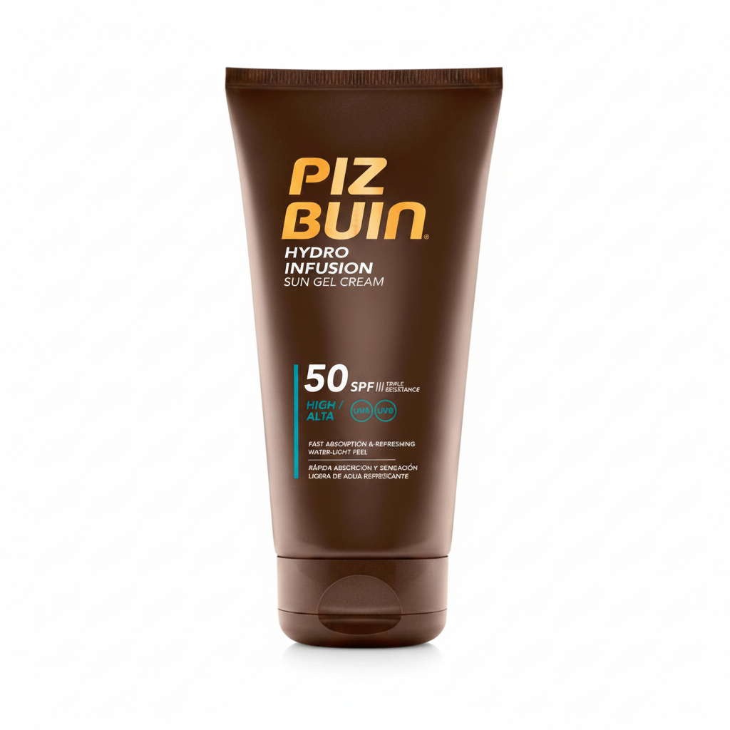 Piz Buin Hydro Infusion Sun Gel Cream SPF 50 su sfondo bianco