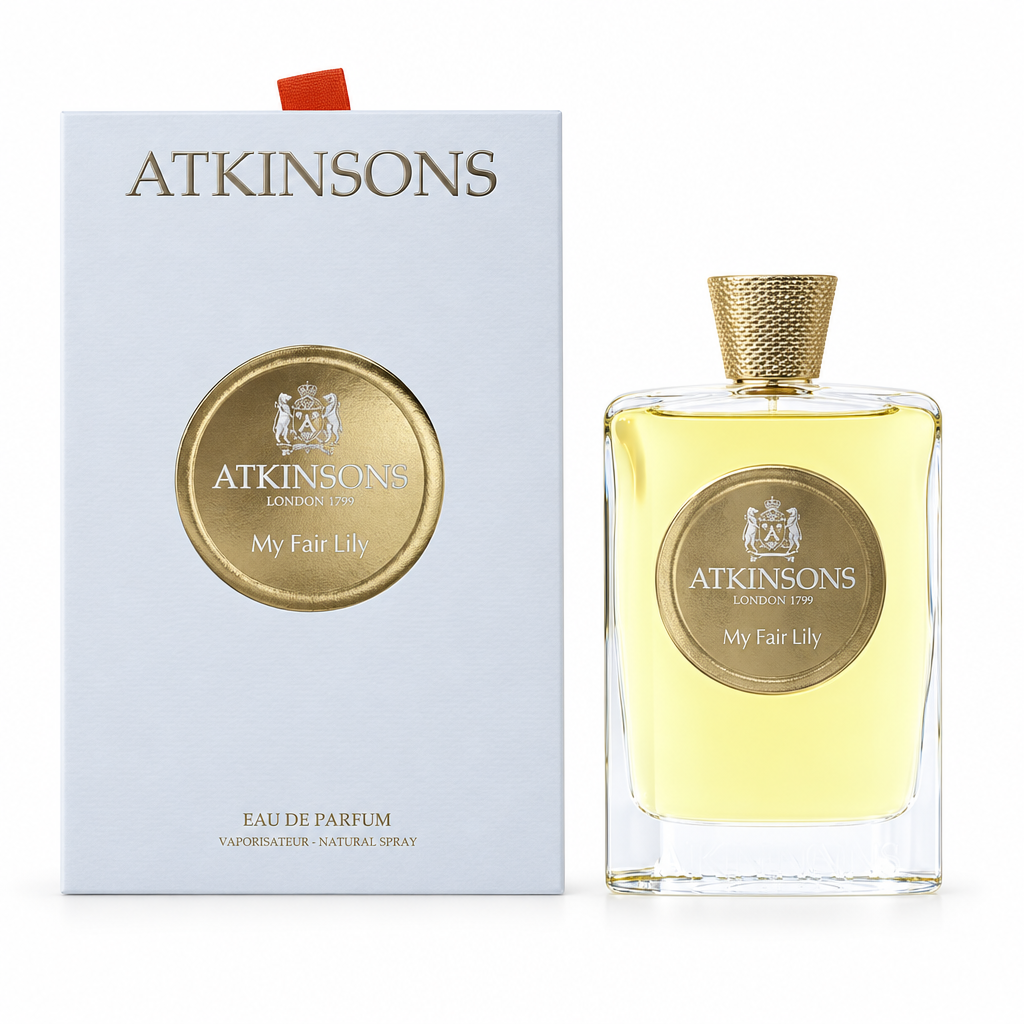 Flacone e confezione Atkinsons My Fair Lily Eau de Parfum con dettagli dorati su sfondo bianco