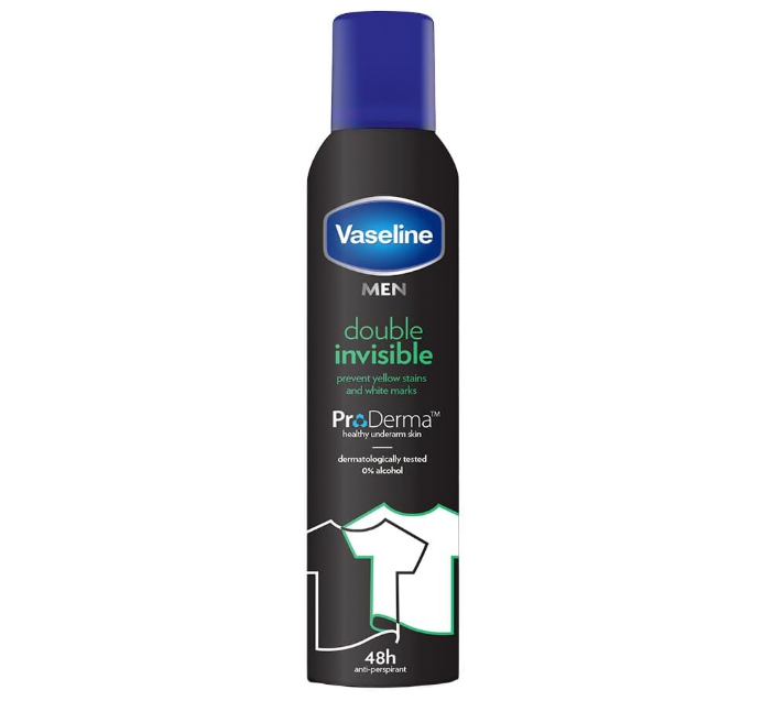 Vaseline Men Double Invisible ProDerma 48h Anti-Perspirant Spray – flacone nero con tappo blu