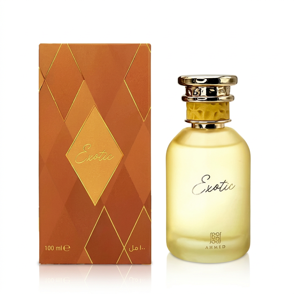 Ahmed Exotic 100 ml con flacone dorato e confezione arancione geometrica su sfondo bianco