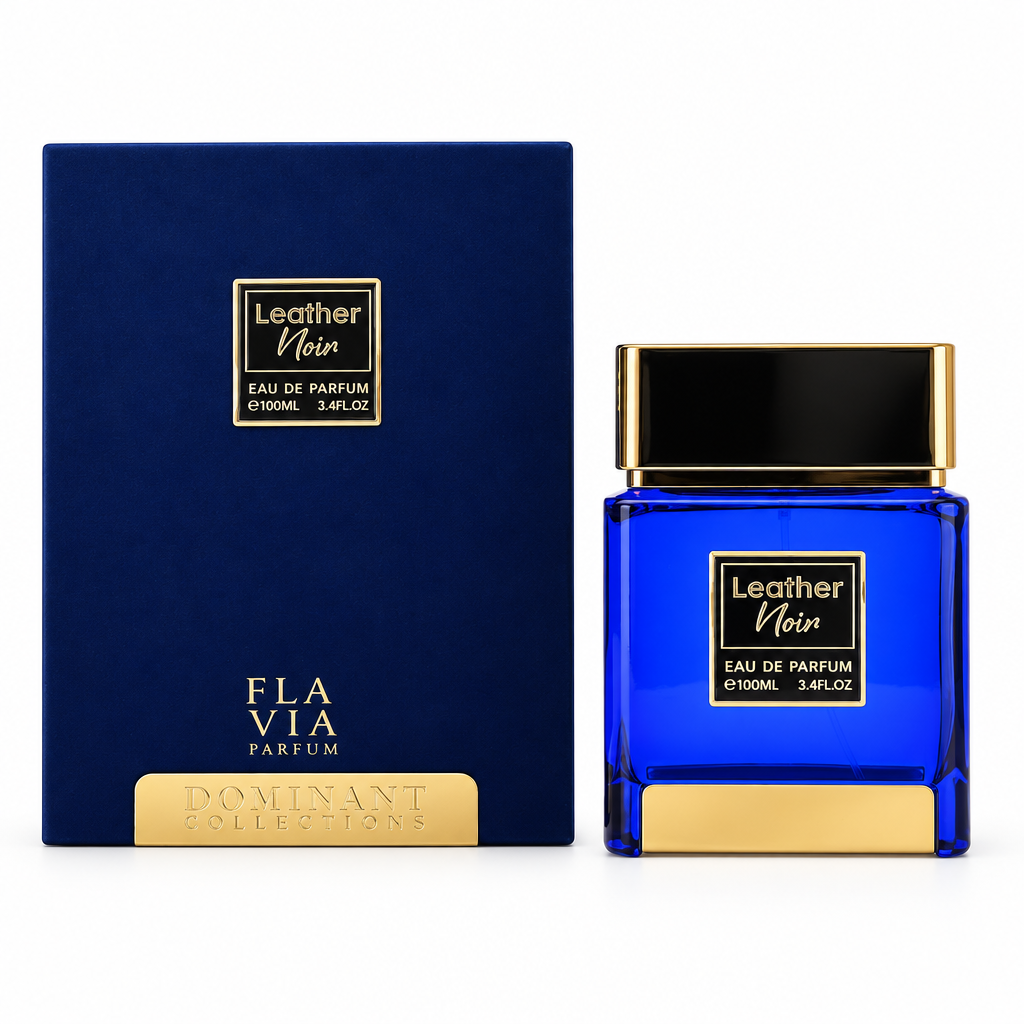 Confezione blu e flacone blu Flavia Leather Noir Eau de Parfum 100 ml su sfondo bianco