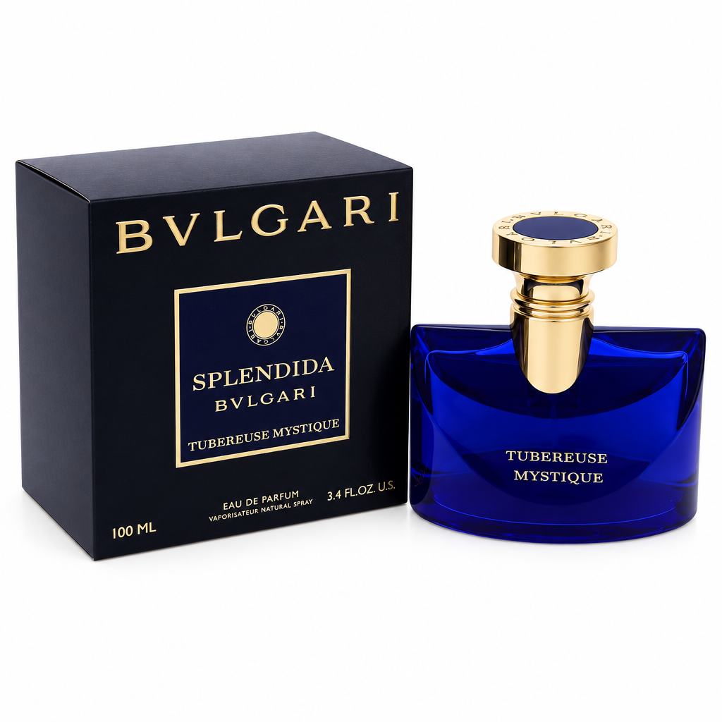Confezione blu scuro e flacone blu Bvlgari Splendida Tubereuse Mystique Eau de Parfum 100 ml su sfondo bianco