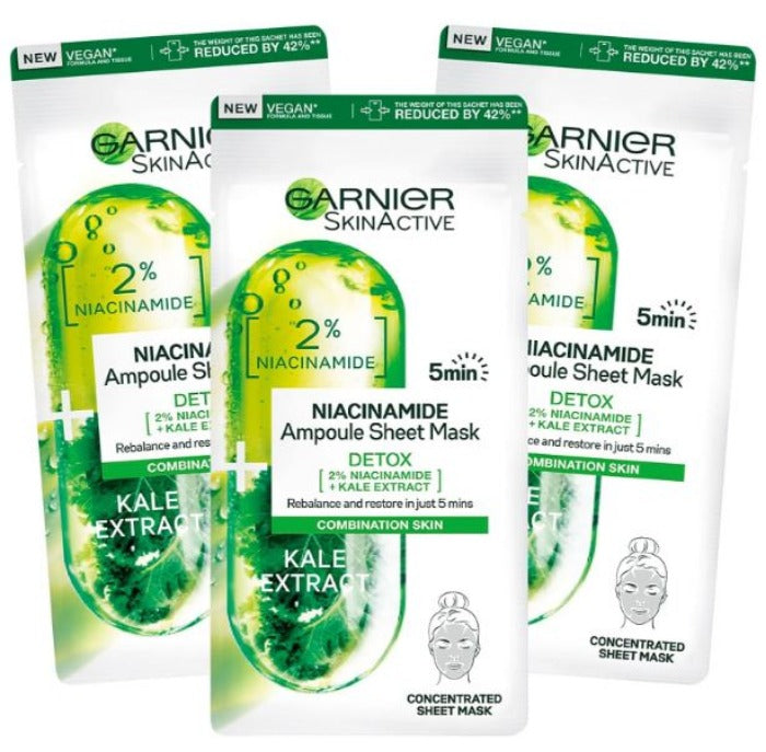 3x Garnier SkinActive Niacinamide Maschera Viso in Tessuto Detox Purificante Make-Up 4126