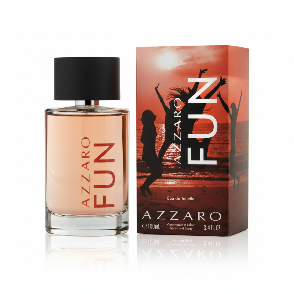 Azzaro Fun Eau de Toilette 100ml – flacone trasparente e confezione arancione tramonto