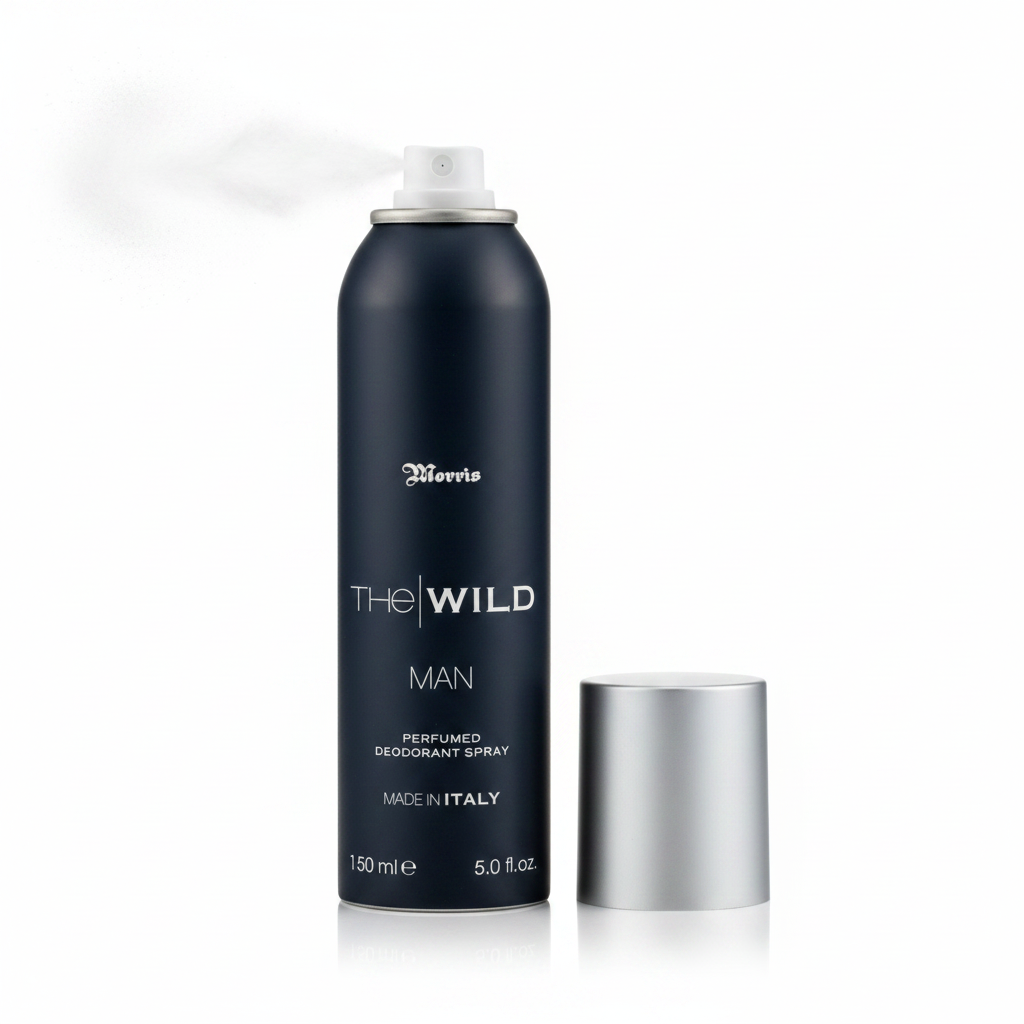 Morris The Wild Man deodorante profumato spray 150ml - flacone blu notte su sfondo bianco
