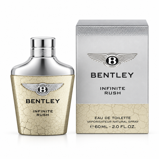 Flacone argentato e scatola Bentley Infinite Rush Eau de Toilette 60 ml su sfondo bianco