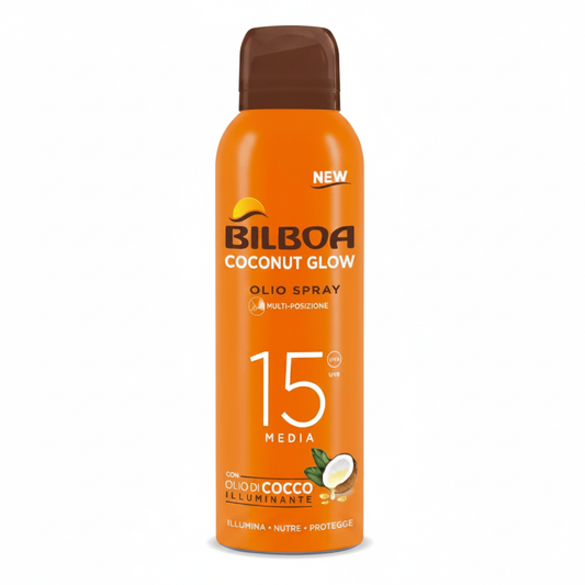 Bilboa Coconut Glow Olio Spray SPF 15 Media su sfondo bianco