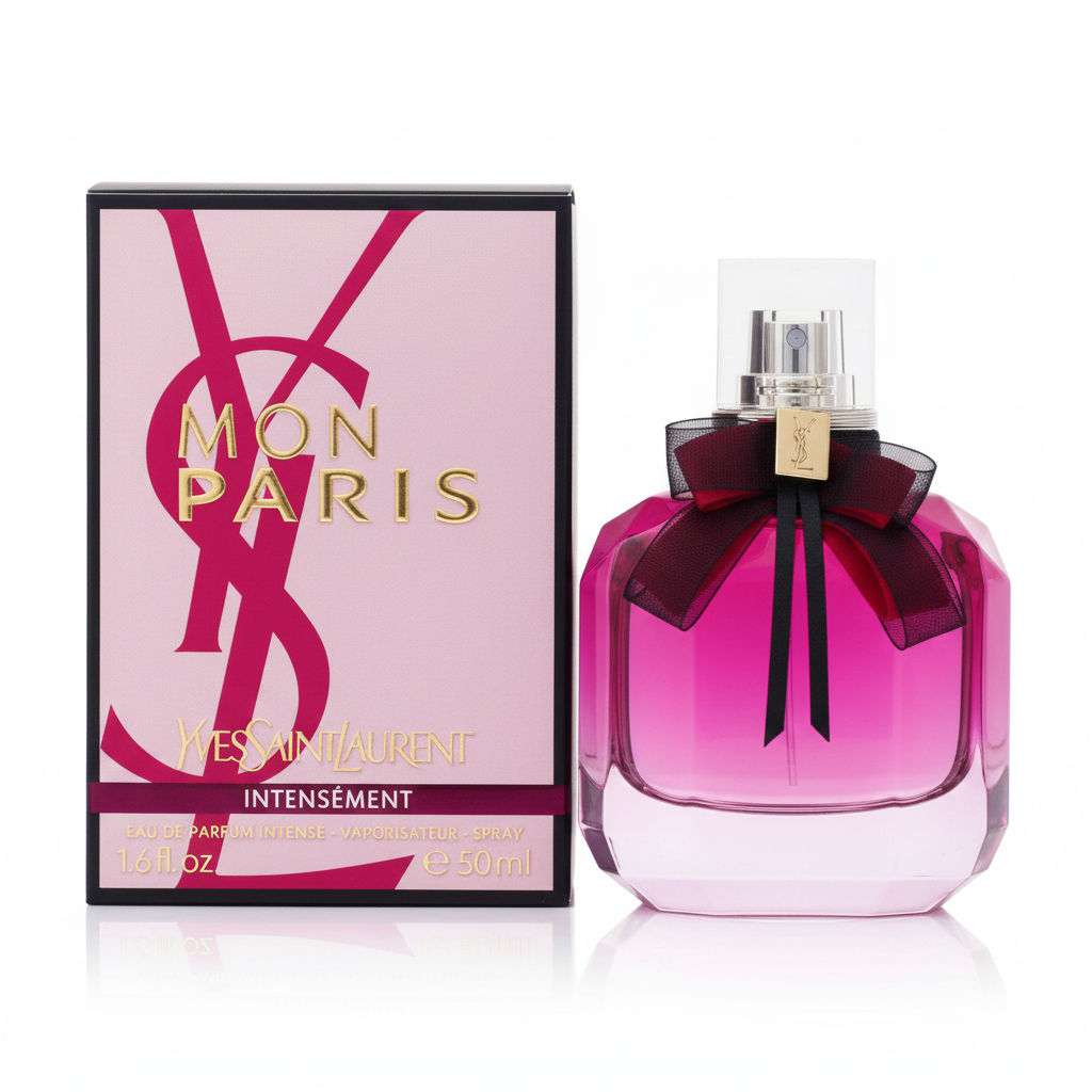 YSL Mon Paris Intensément Eau de Parfum 50ml - flacone e confezione su sfondo bianco