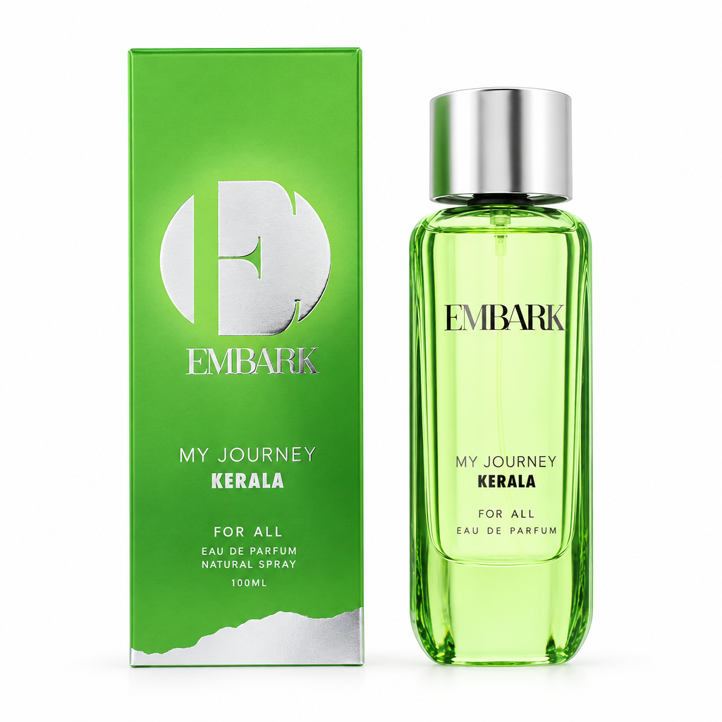 Flacone verde e confezione Embark My Journey Kerala Eau de Parfum 100 ml su sfondo bianco