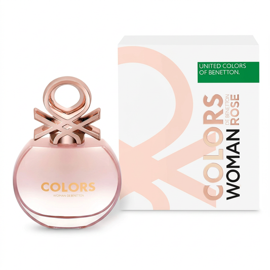 Benetton Colors Woman Rose con flacone rosa e confezione bianca e rosa su sfondo bianco