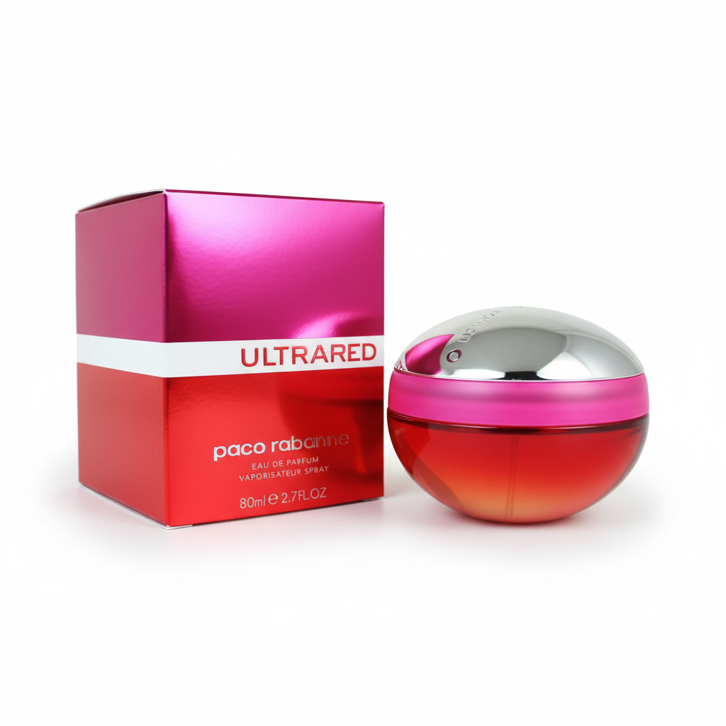 Paco Rabanne Ultrared EDP 80ml – flacone sfera rossa con tappo cromato e confezione magenta-rossa