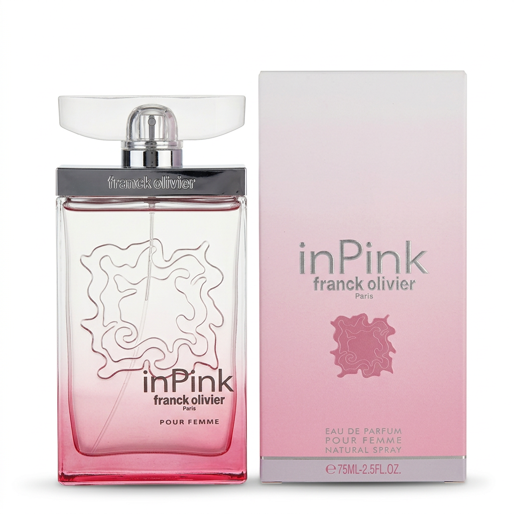 Franck Olivier inPink Eau de Parfum, flacone e confezione su sfondo bianco