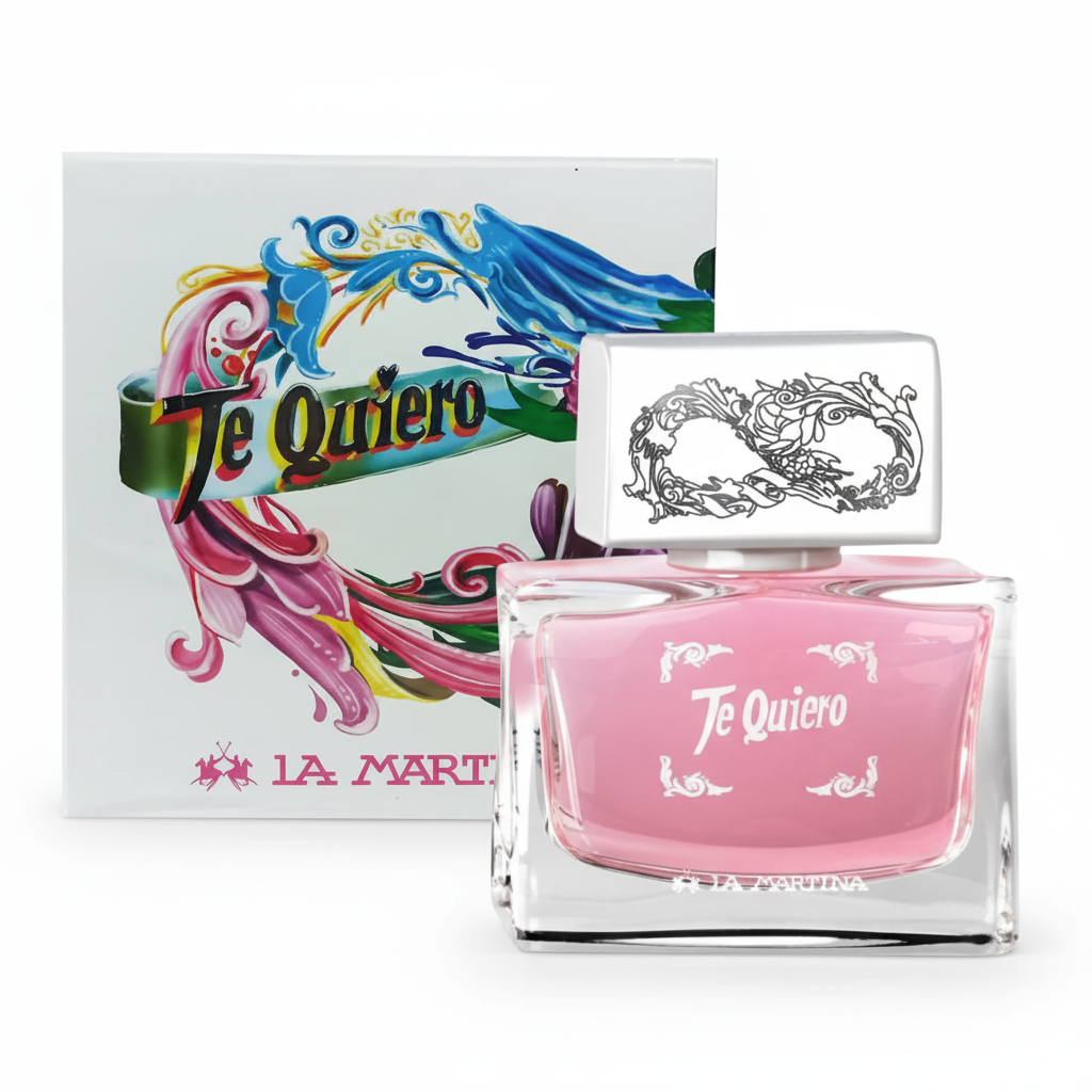 La Martina Te Quiero EDP - Flacone rosa con tappo maschera argentata e confezione artistica