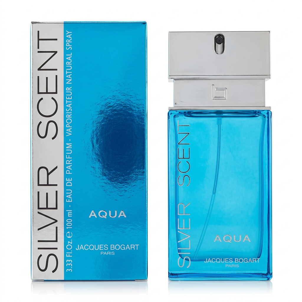 Jacques Bogart Silver Scent Aqua Eau de Parfum, flacone e confezione su sfondo bianco