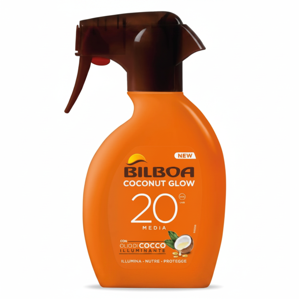 Bilboa Coconut Glow SPF 20 Media Spray su sfondo bianco