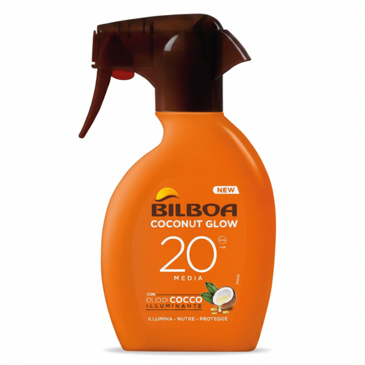 Bilboa Coconut Glow SPF 20 Media Spray su sfondo bianco
