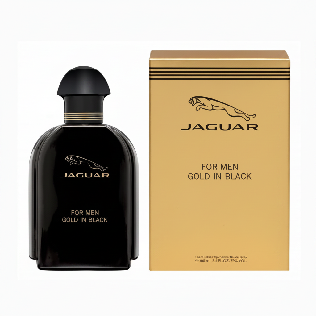 Jaguar Gold in Black For Men Eau de Toilette 100ml - flacone nero e confezione oro su sfondo bianco