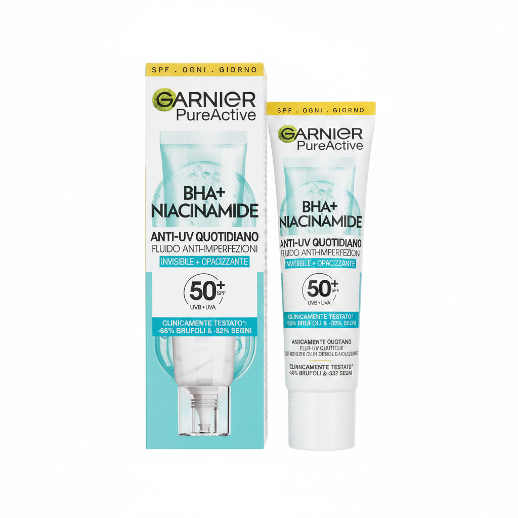Garnier PureActive BHA+ Niacinamide SPF50+ – foto prodotto sfondo bianco
