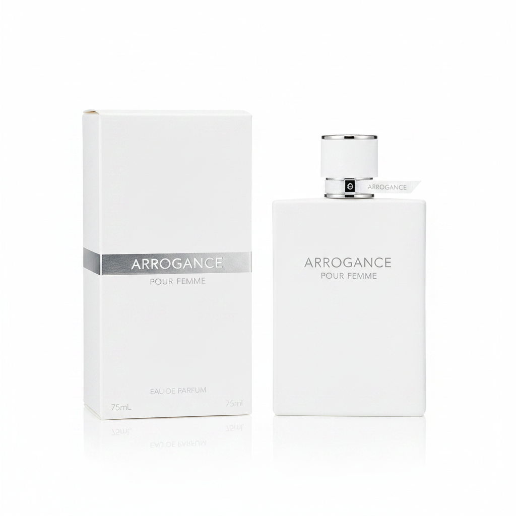 Arrogance Pour Femme Eau de Parfum 75ml - flacone bianco minimalista e confezione su sfondo bianco