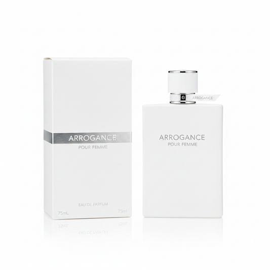 Arrogance Pour Femme Eau de Parfum 75ml - flacone bianco minimalista e confezione su sfondo bianco
