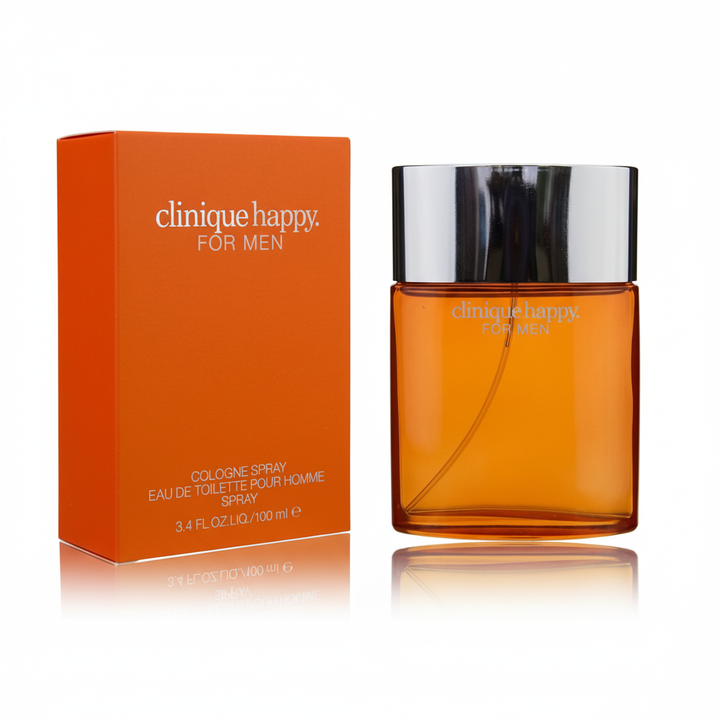 Clinique Happy for Men Cologne Spray 100ml – flacone arancione con tappo cromato e confezione arancione