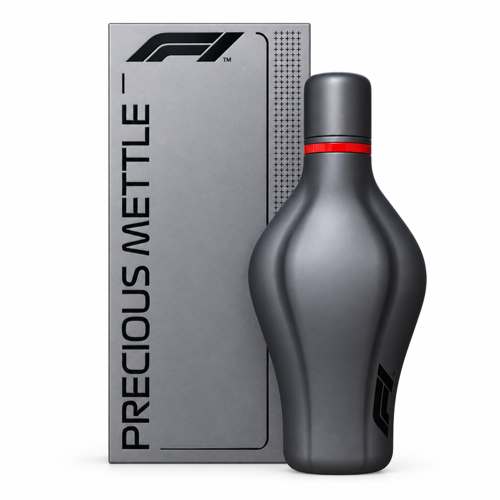Confezione grigio metallizzato e flacone grigio F1 Precious Mettle su sfondo bianco