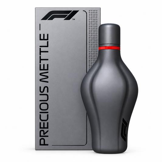 Confezione grigio metallizzato e flacone grigio F1 Precious Mettle su sfondo bianco