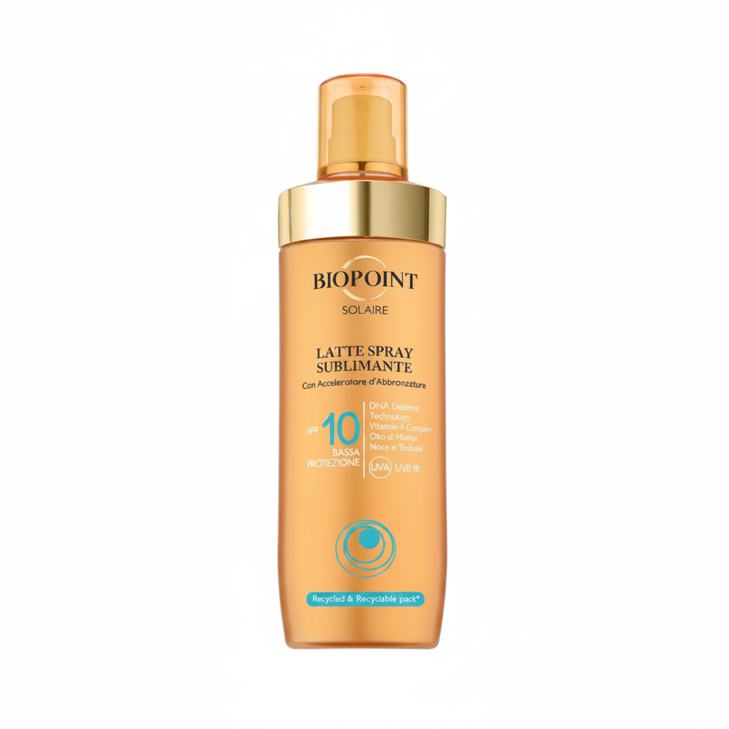 Biopoint Solaire Latte Spray Sublimante SPF 10 su sfondo bianco