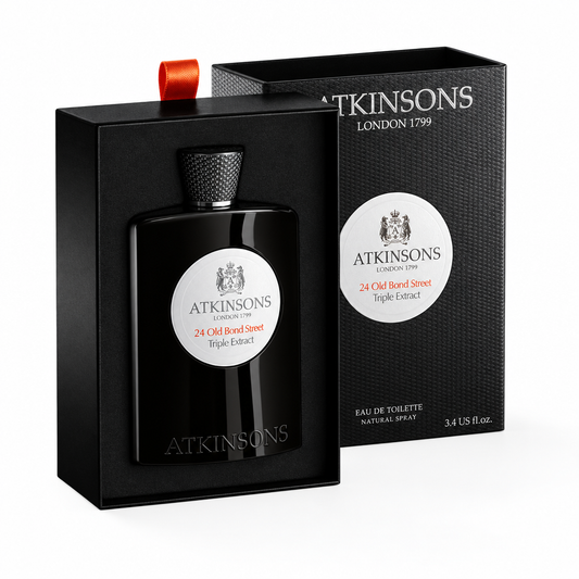 Flacone nero nell’astuccio aperto e confezione Atkinsons 24 Old Bond Street Triple Extract su sfondo bianco